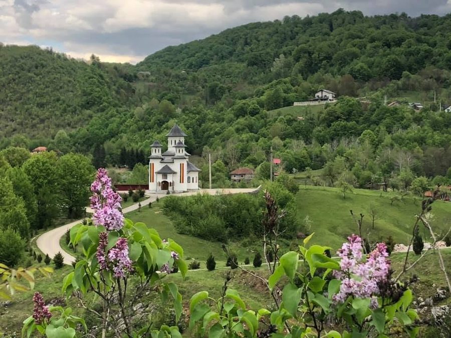 Liliac sălbatic înflorit pe dealuri, cu o mănăstire în vale
